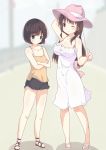  2girls arm_up bangs black_footwear black_hair black_shorts blurry blurry_background bob_cut breasts brown_hair camisole casual cleavage closed_mouth commentary crossed_arms depth_of_field dress green_eyes gym_shorts hand_on_headwear hat long_hair looking_at_viewer matsumi_kuro medium_breasts medium_dress multiple_girls one_eye_closed pink_headwear purple_eyes sagimori_arata saki saki_achiga-hen sandals shirt short_hair short_shorts shorts smile spaghetti_strap standing sun_hat sundress thumbs_up tom_q_(tomtoq) white_dress white_footwear yellow_shirt 