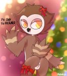  anthro avian bird bow butt christmas feathers female hi_res holidays mocho4266 nude owl pussy ribbons solo spanish_text tagged text 