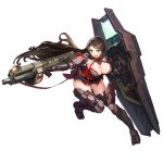  1girl as-12_steeldraco bangs blush boots breasts brown_hair cleavage combat_shotgun green_eyes gun highres large_breasts last_origin leotard long_hair official_art open_mouth paintale riot_shield shield shotgun smile solo swept_bangs tachi-e thigh_boots thighhighs transparent_background weapon 