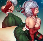  1girl antlers ass bare_shoulders bell bell_collar breasts christmas cleavage collar elbow_gloves gloves large_breasts looking_at_viewer mole mole_under_mouth nier_(series) nier_automata nikita_varb parted_lips red_gloves reindeer_antlers short_hair silver_hair sitting smile solo striped striped_legwear thighs yorha_no._2_type_b 
