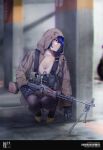  1girl absurdres arm_at_side barcode black_gloves black_legwear blue_hair blurry blurry_background breasts chinese_commentary cleavage commentary_request detached_collar gloves gun head_tilt hiding high_heels highres holding holding_gun holding_weapon hood hood_up hooded_jacket jacket long_sleeves looking_afar machine_gun open_clothes open_jacket original pantyhose purple_eyes rpd shiwanmali short_hair solo squatting trigger_discipline weapon yellow_footwear 
