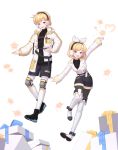  1boy 1girl :d absurdres arm_up belt black_footwear black_legwear black_shirt black_shorts blcackup blue_eyes boots bow christmas earmuffs gift hair_bow hand_on_hip highres kagamine_len kagamine_rin knee_pads long_sleeves open_mouth pantyhose shirt short_hair shorts simple_background smile snowflakes standing thigh_boots thighhighs vocaloid white_background white_bow white_coat white_legwear 