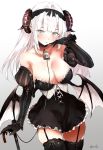  1girl bangs bat_wings blunt_bangs breasts cane choker cleavage corset detached_sleeves garter_straps highres horns original round shunsei_(muratou) solo thighhighs white_background white_hair wings 