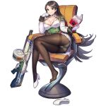  1girl aiguillette as-12_steeldraco bangs black_legwear book breasts brown_hair chair cleavage combat_shotgun crossed_legs english_text full_body gloves green_eyes grin gusset hair_ornament hairclip high_heels highres large_breasts last_origin long_hair looking_at_viewer miniskirt official_art paintale panties panties_under_pantyhose pantyhose pantyshot pleated_skirt shoes single_shoe skirt smile solo swept_bangs tachi-e thighband_pantyhose underwear very_long_hair white_footwear white_gloves white_skirt 