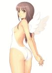 1girl absurdres arms_behind_back ass bangs bare_arms bare_shoulders blush breasts brown_eyes brown_hair highres interlocked_fingers leotard looking_at_viewer looking_back original parted_lips scan shiny shiny_hair shiny_skin small_breasts solo strapless strapless_leotard tanaka_takayuki thighs white_leotard wings 