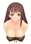  1girl absurdres bangs bare_shoulders bikini_top blush bow bowtie breasts brown_hair closed_mouth collarbone covered_nipples highres lips long_hair looking_at_viewer medium_breasts purple_eyes scan shiny shiny_clothes shiny_skin simple_background smile solo tanaka_takayuki upper_body white_background 