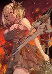 1girl alternate_costume azur_lane bangs bare_shoulders black_dress blonde_hair breasts brown_eyes chushou_wang dress earrings eyebrows_visible_through_hair hair_between_eyes hair_ornament highres holding holding_sword holding_weapon jewelry large_breasts looking_at_viewer multicolored_hair parted_lips red_hair rigging roon_(azur_lane) roon_(dark_red_grin)_(azur_lane) short_hair smile solo streaked_hair sword thighlet weapon 