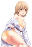  1girl ass bangs bare_shoulders barefoot blush bow bow_bra bra breasts brown_eyes brown_hair collarbone commentary_request eyebrows_visible_through_hair floral_print flower highres inanaki_shiki isshiki_iroha japanese_clothes kimono kneeling long_sleeves medium_hair off_shoulder open_mouth panties shiny shiny_hair shiny_skin side-tie_panties simple_background small_breasts solo thighs underwear white_background wide_sleeves yahari_ore_no_seishun_lovecome_wa_machigatteiru. yellow_bra yellow_panties yukata 