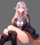  1girl absurdres boots brown_footwear collarbone dagger elf estinien final_fantasy final_fantasy_xiv genderswap genderswap_(mtf) highres pannakotta pink_lips pointy_ears scabbard scarf sheath sheathed silver_eyes silver_hair sitting solo torn_clothes weapon 