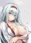  1girl blush breasts brown_eyes eyebrows_visible_through_hair gradient gradient_background hair_between_eyes hair_ribbon hairband headband highres japanese_clothes kantai_collection kimono large_breasts long_hair looking_at_viewer nipples no_bra open_clothes ribbon satou_samu shoukaku_(kantai_collection) silver_hair smile solo white_kimono 