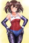  1girl alternate_costume blush breasts brown_eyes brown_hair collarbone commentary_request elbow_gloves gloves grin hair_between_eyes hands_on_hips kantai_collection navel one_eye_closed sendai_(kantai_collection) shiny shiny_clothes short_hair small_breasts smile solo two_side_up zanntetu 