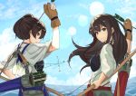  2girls akagi_(kantai_collection) arrow bow_(weapon) brown_eyes brown_gloves brown_hair from_behind gloves hakama_skirt highres hina_komochi holding holding_arrow holding_bow_(weapon) holding_weapon kaga_(kantai_collection) kantai_collection long_hair looking_at_viewer multiple_girls muneate partly_fingerless_gloves quiver red_skirt side_ponytail single_glove skirt smile tasuki upper_body weapon yugake yumi_(bow) 