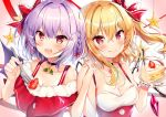  2girls :d :p absurdres bangs bare_arms bare_shoulders bat_wings black_choker blonde_hair blush bow braid breasts choker cleavage collarbone commentary_request crystal eyebrows_visible_through_hair fang flandre_scarlet food fork frilled_bow frills fruit gradient gradient_background hair_between_eyes hair_bow hair_intakes hands_up heart highres holding holding_fork holding_hands holding_plate lavender_hair long_hair looking_at_viewer medium_breasts merry_christmas multiple_girls nenobi_(nenorium) no_hat no_headwear off-shoulder_shirt off_shoulder one_side_up open_mouth pink_background plate red_bow red_eyes red_shirt remilia_scarlet shirt short_hair siblings sidelocks sisters skin_fang smile spaghetti_strap star strawberry strawberry_shortcake tongue tongue_out touhou white_background wings 