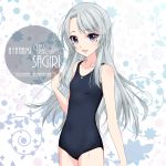  artist_name breasts character_name collarbone floral_background inaba_shiki kantai_collection long_hair purple_eyes sagiri_(kantai_collection) school_swimsuit silver_hair small_breasts swimsuit 