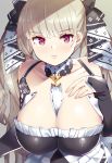  1girl azur_lane bangs between_breasts black_ribbon blunt_bangs breasts cleavage closed_mouth collarbone detached_collar eyebrows_visible_through_hair formidable_(azur_lane) hair_ribbon highres large_breasts long_hair looking_at_viewer platinum_blonde_hair red_eyes ribbon solo takano_itsuki twintails two-tone_ribbon upper_body white_ribbon 
