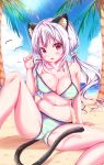  1girl absurdres animal_ears beach bikini breasts cat_ears cat_tail cleavage day fang highres large_breasts long_hair looking_at_viewer moe2018 navel original red_eyes silver_hair solo striped striped_bikini swimsuit tail tenzeru thighs 