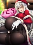  1girl ass blush breasts brown_eyes christmas christmas_ornaments christmas_tree crotch_seam eyebrows_visible_through_hair fur-trimmed_dress fur_trim gloves hair_between_eyes hat highres kantai_collection large_breasts long_hair looking_at_viewer mirisha open_mouth panties panties_under_pantyhose pantyhose santa_costume santa_dress santa_hat shoukaku_(kantai_collection) silver_hair smile solo underwear white_gloves 