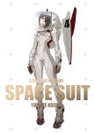  1girl absurdres astronaut brown_eyes brown_hair closed_mouth dirty dirty_clothes helmet highres kozaki_yuusuke original short_hair simple_background smile solo spacesuit white_background 