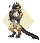  ambiguous_gender anthro charr chest_tuft clothed clothing dewclaw duo f-r95 felid feral fur guild_wars hair hi_res horn long_tail male mammal pawpads paws standing tailwag teeth tuft video_games 