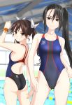  2girls absurdres alternate_costume ass ass_visible_through_thighs black_hair black_swimsuit blurry breasts brown_eyes brown_hair competition_swimsuit contrapposto depth_of_field from_behind grin hair_between_eyes hair_ribbon highleg highleg_swimsuit highres indoors kantai_collection long_hair looking_at_viewer looking_back multicolored multicolored_clothes multicolored_swimsuit multiple_girls nachi_(kantai_collection) one-piece_swimsuit pool ribbon side_ponytail small_breasts smile swimsuit takafumi tone_(kantai_collection) twintails very_long_hair wristband 