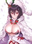  1girl bangs bell black_hair blush breasts cleavage cloak closed_mouth dress fur-trimmed_cloak fur_trim garter_belt gloves hair_between_eyes hair_ornament hand_on_hip hat highres holly_hair_ornament ilya_ornstein large_breasts long_hair looking_at_viewer open_clothes open_dress princess_connect! princess_connect!_re:dive red_eyes red_gloves santa_hat slit_pupils smile snowing solo white_cloak white_dress white_headwear yaman 