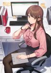  1girl bangs binder bracelet brown_hair chair clipboard closed_mouth coffee_mug computer crossed_legs cup desk from_above hair_ornament hairclip highres holding holding_pen jewelry keyboard_(computer) long_hair looking_back miniskirt mole mole_under_eye monitor mug nagu office office_chair office_lady original pantyhose paper pen pencil_skirt pink_shirt shirt sidelocks sitting skirt smile sticky_note tile_floor tiles watch 