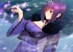  1girl bangs blush breasts cleavage closed_mouth dress fate/grand_order fate_(series) feather_trim hair_between_eyes highres holding holding_wand large_breasts long_hair long_sleeves nigo_(aozoragarou) purple_dress purple_hair red_eyes runes scathach_(fate)_(all) scathach_skadi_(fate/grand_order) smile snowing solo tiara wand wide_sleeves 