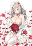  1girl bangs bouquet braid breasts bridal_gauntlets bridal_veil bride cleavage dress elbow_gloves eyebrows_visible_through_hair flower g36c_(girls_frontline) garter_straps girls_frontline gloves hair_over_one_eye highres holding holding_bouquet large_breasts long_hair looking_at_viewer petals red_eyes red_flower red_rose rose rose_petals seiza shirosaba single_braid sitting smile solo strapless strapless_dress thighhighs veil wedding_dress white_dress white_gloves white_hair white_legwear 