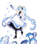  1girl :d absurdres arm_up bag bangs black_bow black_legwear blcackup blue_bow blue_hair blunt_bangs boots bow brown_footwear christmas dress full_body gift hair_bow handbag hatsune_miku highres huge_filesize long_hair long_sleeves looking_at_viewer open_mouth simple_background smile snowflakes solo standing twintails vocaloid white_background white_dress 
