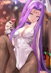  1girl :d animal_ears bare_shoulders black_legwear bottle bow bowtie breasts bunny_ears bunnysuit cleavage cup detached_collar drinking_glass facial_mark fate/stay_night fate_(series) fishnet_legwear fishnets forehead_mark kesoshirou long_hair open_mouth purple_eyes purple_hair rider sitting smile solo teeth very_long_hair wine_bottle wine_glass wrist_cuffs 