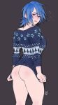  1girl aqua_(kingdom_hearts) ass blue_eyes blue_hair blush breasts christmas christmas_sweater embarrassed from_behind highres kingdom_hearts kingdom_hearts_birth_by_sleep kingdom_hearts_iii looking_at_viewer looking_back short_hair solo tabletorgy 