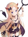  1girl abigail_williams_(fate/grand_order) alternate_costume bandaid_on_forehead bangs bare_shoulders black_bow black_dress black_hair blonde_hair blue_eyes blush bow breasts collarbone cross_choker crossed_bandaids demon_girl demon_horns demon_tail demon_wings dress fate/grand_order fate_(series) forehead highres horns long_hair looking_at_viewer mikami_hotaka open_mouth orange_bow parted_bangs simple_background small_breasts solo staff tail thighhighs thighs white_background wings wristband 