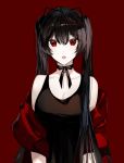  1girl bare_shoulders bell black_dress black_hair breasts choker cleavage collarbone dress fang jingle_bell large_breasts long_hair looking_at_viewer naru_(ul) off_shoulder open_mouth original red_background red_eyes ribbon_choker simple_background sleeveless sleeveless_dress solo twintails upper_body very_long_hair 