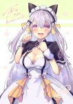  1girl 2019 :d animal_ears apron bangs black_dress blush breasts cleavage copyright_request dress eyebrows_visible_through_hair fang frills green_background grey_hair hair_between_eyes hair_ornament hair_ribbon hands_up ittokyu large_breasts long_hair looking_at_viewer maid maid_headdress mole mole_on_breast mole_under_eye multicolored_hair open_mouth pink_eyes ribbon romaji_text signature smile solo sun_(symbol) two-tone_background two-tone_hair very_long_hair virtual_youtuber white_apron white_background wrist_cuffs yellow_ribbon 