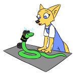  2019 absurd_res ambiguous_gender anthro blue_eyes canid canine clothed clothing disney duct_tape duo electricity electroshock_weapon feral fox fully_clothed fur green_body hi_res mammal overalls reptile scalie shirt simple_background skye_(zootopia) snake tape taser theblueberrycarrots topwear weapon white_background yellow_body yellow_fur zootopia 