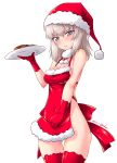 1girl apron artist_name bare_shoulders blue_eyes blush breasts christmas cleavage closed_mouth dated embarrassed eyebrows_visible_through_hair food girls_und_panzer groin hat highres itsumi_erika kuzuryuu_kennosuke large_breasts looking_at_viewer no_panties red_apron red_headwear red_legwear santa_hat serving shiny shiny_hair short_hair simple_background solo sweat thighhighs wavy_mouth white_background white_hair 