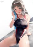  1girl black_swimsuit blue_towel breasts collarbone commentary_request competition_swimsuit cowboy_shot eyebrows_visible_through_hair girls_frontline grey_eyes grey_hair hairband highleg highleg_swimsuit highres k3_(girls_frontline) large_breasts long_hair looking_at_viewer medium_hair one-piece_swimsuit revision shirosaba simple_background sitting smile solo sweat swimsuit towel white_background white_hairband 