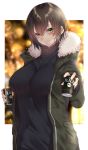  1girl absurdres bangs blurry blurry_background blush breasts brown_hair can closed_mouth coat commentary_request eyebrows_visible_through_hair fur_collar green_coat hair_between_eyes highres holding holding_can large_breasts looking_at_viewer onineko-chan open_clothes open_coat original ribbed_sweater short_hair smile sweater turtleneck turtleneck_sweater yellow_eyes 