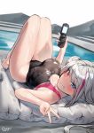  1girl artist_name bangs bare_legs black_swimsuit blue_eyes blush breasts cellphone cleavage competition_swimsuit eyebrows_visible_through_hair flip_phone girls_frontline grey_hair grin heterochromia highleg highleg_swimsuit holding holding_phone inflatable_raft large_breasts long_hair looking_at_viewer lying mdr_(girls_frontline) multicolored_hair on_back one-piece_swimsuit phone pink_eyes pink_hair pool shiny shiny_skin shirosaba side_ponytail silver_hair smile solo streaked_hair swimsuit teeth two-tone_hair v water 