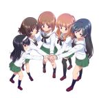  5girls ahoge akiyama_yukari bangs black_eyes black_hair black_legwear black_neckwear blouse blunt_bangs brown_eyes brown_footwear brown_hair closed_mouth commentary_request eyebrows_visible_through_hair girls_und_panzer green_skirt hairband highres isuzu_hana leaning_forward loafers long_hair long_sleeves looking_at_another messy_hair miniskirt multiple_girls neckerchief nishizumi_miho ooarai_school_uniform orange_eyes orange_hair pleated_skirt reizei_mako saitaniya_ryouichi school_uniform serafuku shoes short_hair side-by-side simple_background skirt smile socks standing takebe_saori thighhighs white_background white_blouse white_hairband 