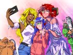 2boys 3girls animal_ear_fluff arm_cannon baron_of_hell bfg_9000 blonde_hair blue_hair blue_pants breasts bunny cacodemon cellphone cyclops daisy_(doom) dark_skin demon_girl demon_horns denim detached_sleeves doom_(game) doom_2 doomguy fangs fat fat_man green_eyes group_picture halter_dress halter_top halterneck hand_in_pocket height_difference helmet highres hood hoodie horns huge_weapon imp_(doom) jeans long_hair mancubus multiple_boys multiple_girls one-eyed one_eye_closed open_mouth pants phone photobomb pink_skin pointy_ears pose power_armor red_eyes red_hair rimless_eyewear scales self_shot short_hair slit_pupils small_breasts smartphone smile sparkle spikes substance20 translation_request v weapon 