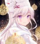  1girl azur_lane bangs blush christmas commentary_request earmuffs enterprise_(azur_lane) enterprise_(reindeer_master)_(azur_lane) eyebrows_visible_through_hair gyozanuko hat highres long_hair looking_at_viewer purple_eyes scarf silver_hair smile solo white_coat white_scarf winter_clothes 