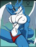  2011 anthro arm_support big_breasts biped blue_body blue_skin breasts claws clothed clothing digimon digimon_(species) digital_media_(artwork) dragon exveemon feathered_dragon feathered_wings feathers female front_view gender_symbol grin hands_behind_back horn lips looking_at_viewer muscular muscular_female navel nipples non-mammal_breasts panties red_eyes scalie sitting smile solo spread_legs spreading symbol tattoo teeth thick_bottom_lip topless underwear walter_sache wings ♀ 