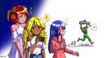  1boy 3girls ?? baron_of_hell belt_buckle bfg_9000 blonde_hair blue_hair blush breasts buckle bunny cacodemon cellphone chibi daisy_(doom) dark_skin demon_horns denim doom_(game) doom_2 doomguy full-face_blush genderswap genderswap_(mtf) halter_dress halter_top halterneck heart height_difference hood hoodie horns huge_weapon imp_(doom) jeans long_hair multiple_girls pants personification phone pink_skin pointy_ears running scales small_breasts smartphone spikes spoken_heart substance20 sweatdrop v_arms weapon 