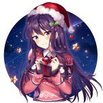  1girl artist_name bangs blush box breasts christmas closed_mouth collared_shirt commentary doki_doki_literature_club english_commentary eyebrows_visible_through_hair fur-trimmed_hat gift gift_box hair_between_eyes hat highres holding holding_gift long_hair long_sleeves print_sweater purple_eyes purple_hair red_headwear red_sweater santa_hat shirt sleeves_past_wrists small_breasts smile snowman_print solo squchan star sweater upper_body very_long_hair watermark web_address white_shirt yuri_(doki_doki_literature_club) 