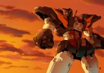  choujuu_kishin_dancouga clenched_hand dancouga gun harymachinegun highres mecha no_humans solo standing super_robot twilight weapon 