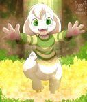  2019 absurd_res anthro arms_out asriel_dreemurr blush boss_monster bovid caprine claws clothing cub diaper flower goat hi_res light looking_at_viewer male mammal open_mouth pawpads plant running smile solo sunlight sweater topwear undertale video_games xepher777 young 