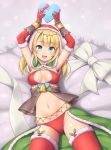  1girl :d armpits arms_up ass_visible_through_thighs bare_shoulders bell bikini blonde_hair blue_eyes bow box breasts capelet cleavage commentary_request elbow_gloves fur_trim gift gift_box gloves hat heart-shaped_box highres holding holding_gift long_hair looking_at_viewer lying medium_breasts navel on_back open_mouth original pink_ribbon red_bikini red_gloves red_legwear ribbon santa_bikini santa_hat sasaame smile solo stomach swimsuit thighhighs waist_cape white_bow 