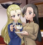  2girls :o aki_(makinoakira) assam asymmetrical_bangs bangs black_neckwear black_ribbon blonde_hair blue_eyes blue_sweater brown_eyes brown_hair brown_jacket chi-hatan_school_uniform closed_mouth commentary_request cup dress_shirt girls_und_panzer hair_pulled_back hair_ribbon high_collar holding holding_cup holding_saucer indoors jacket long_hair long_sleeves multiple_girls necktie nishi_kinuyo open_mouth partial_commentary ribbon saucer school_uniform shirt smile st._gloriana&#039;s_school_uniform sweater teacup v-neck white_shirt wing_collar 