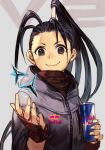  1girl antenna_hair black_eyes black_hair caltrops can closed_mouth energy_drink fingerless_gloves gloves grey_background hair_ornament hands_up hankuri high_ponytail holding holding_can hood hood_down hoodie ibuki_(street_fighter) long_hair looking_at_viewer ninja ponytail product_placement red_bull red_gloves smile solo street_fighter street_fighter_v upper_body weapon zipper 